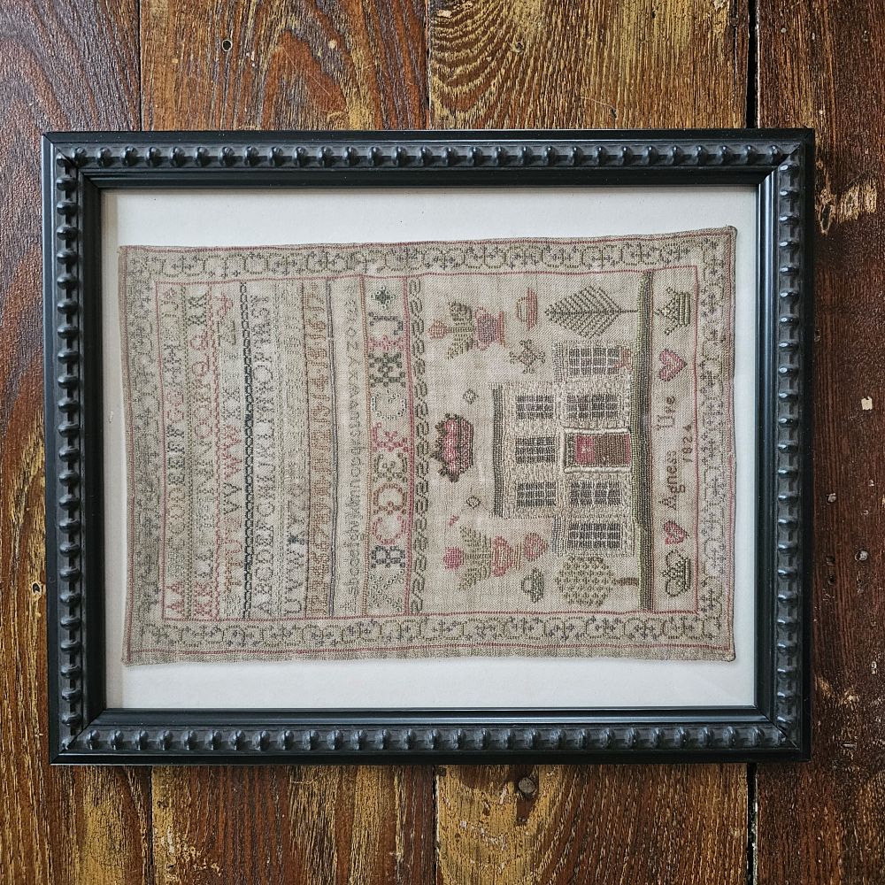 Antique Sampler Reproduction Print with Black Beaded Frame