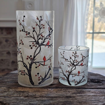 Frosted Glass Winter Cardinal Candle Hurricane Set