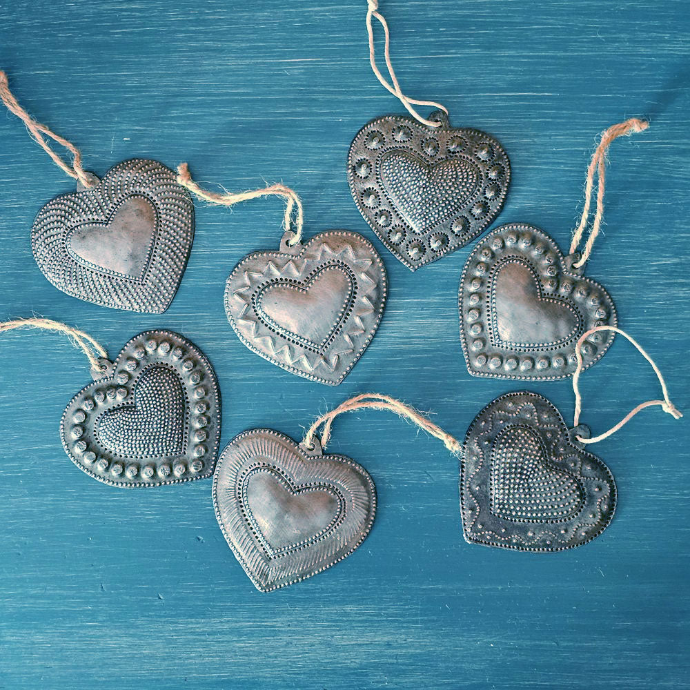 Hammered Tin Heart Ornaments, Set of Seven