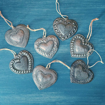 Hammered Tin Heart Ornaments, Set of Seven