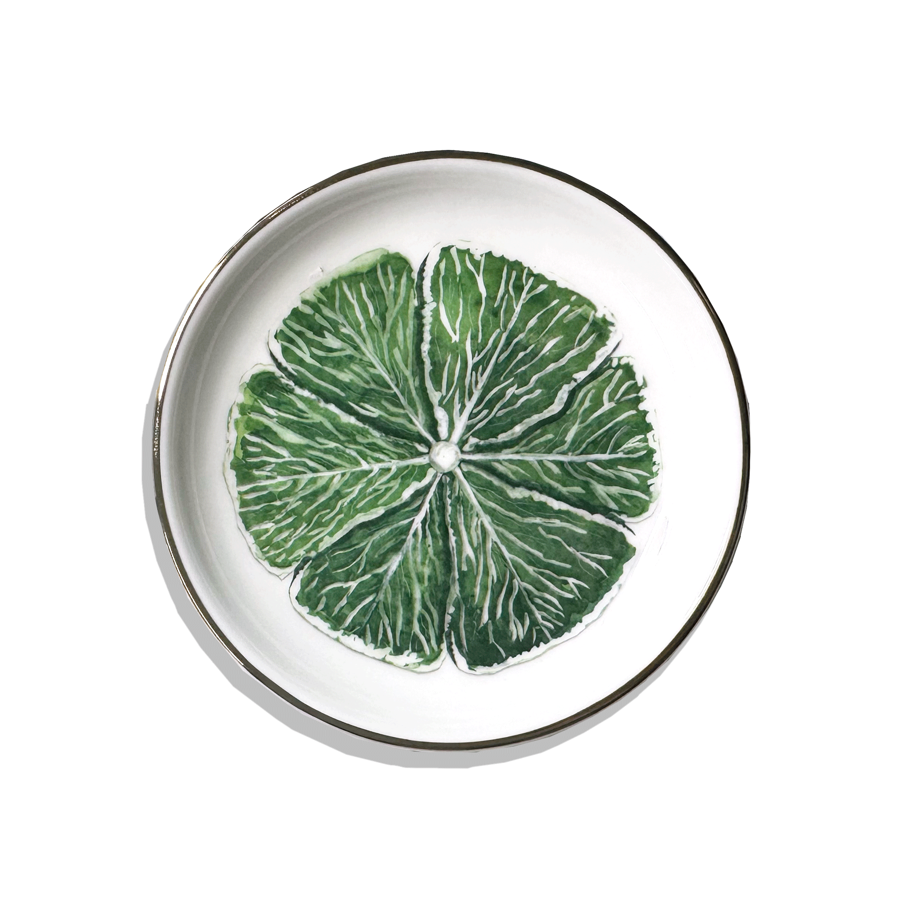 Gold-rimmed Cabbage Ware illustrated ring dish