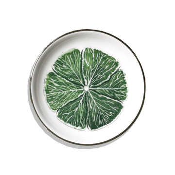 Gold-rimmed Cabbage Ware illustrated ring dish