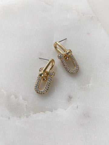 CZ U Link Earrings, Gold Plated