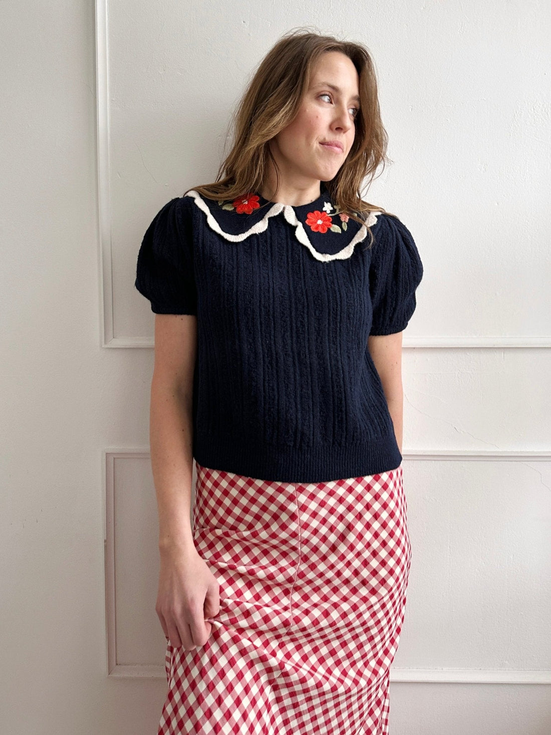 Embroidered Collar Knit Top