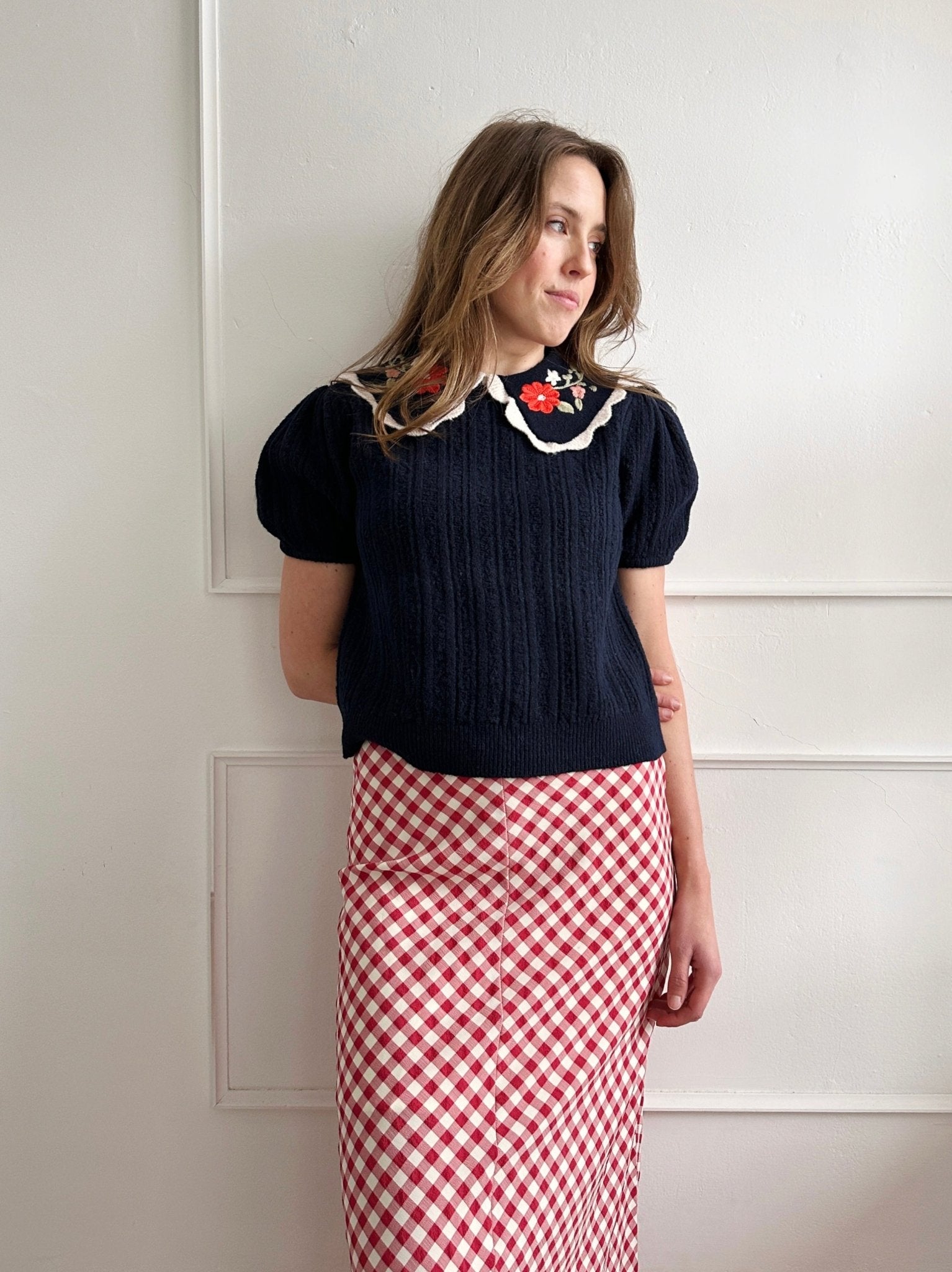 Embroidered Collar Knit Top
