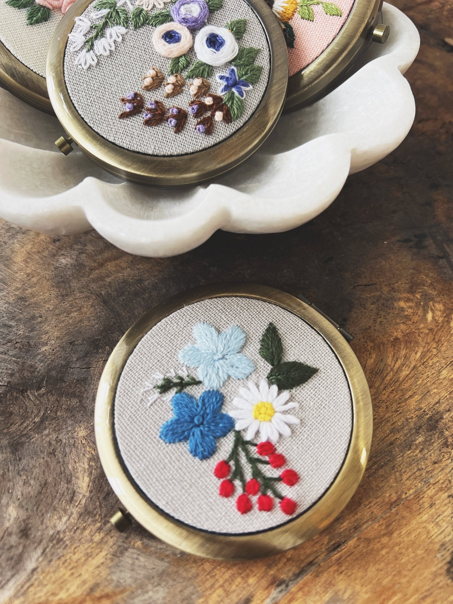 Floral Embroidered Compact Mirror