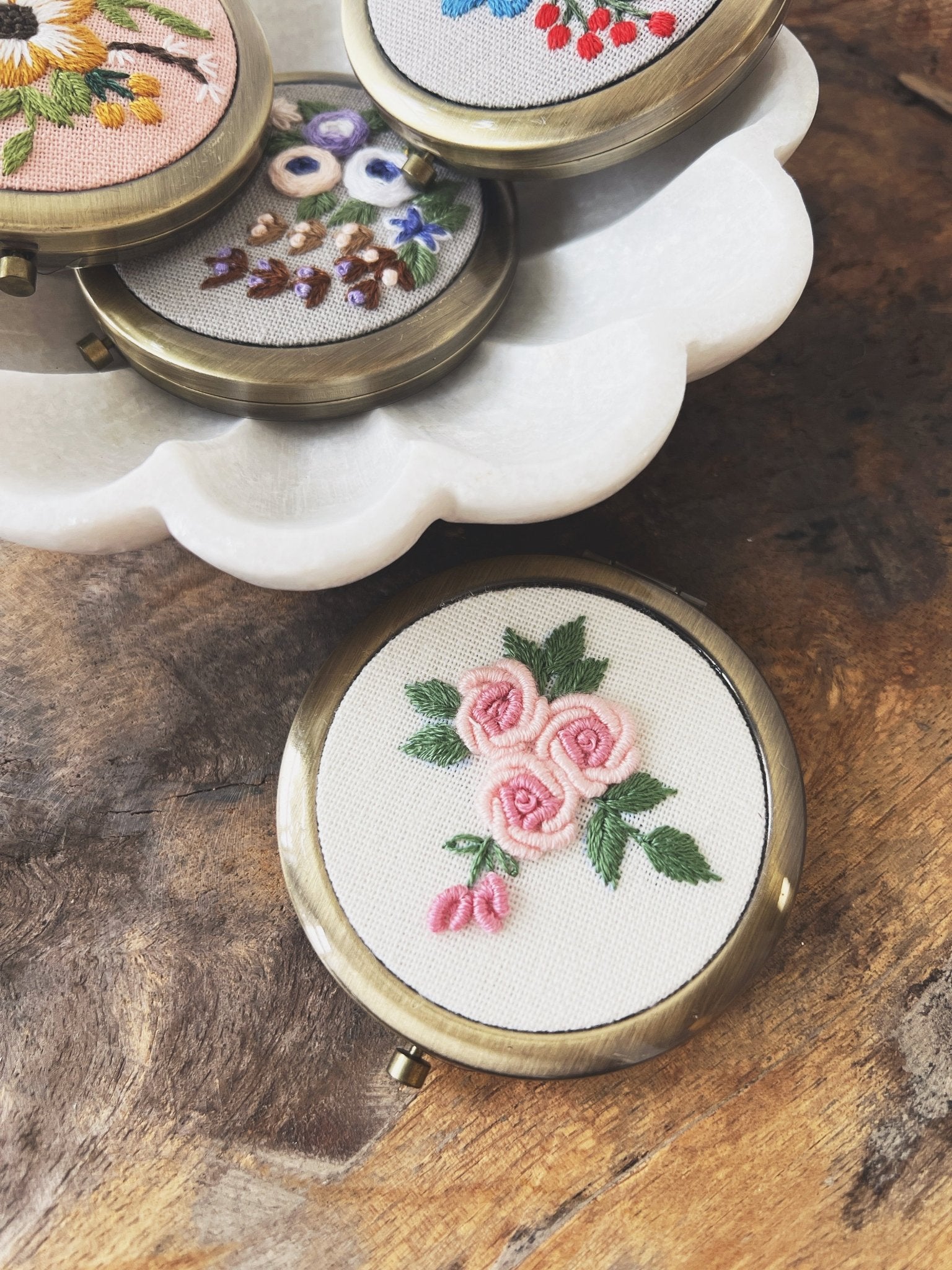 Floral Embroidered Compact Mirror