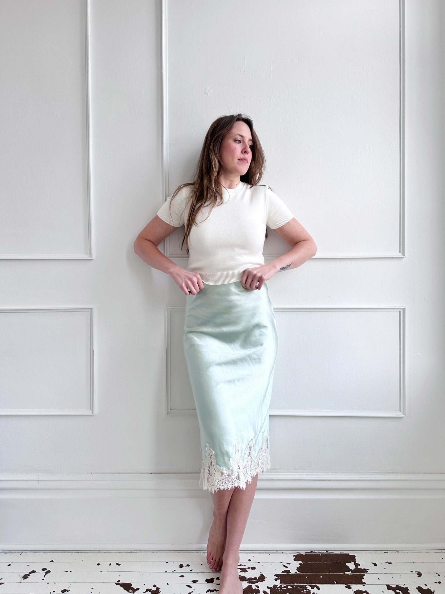 Lace Hem Satin Midi Skirt