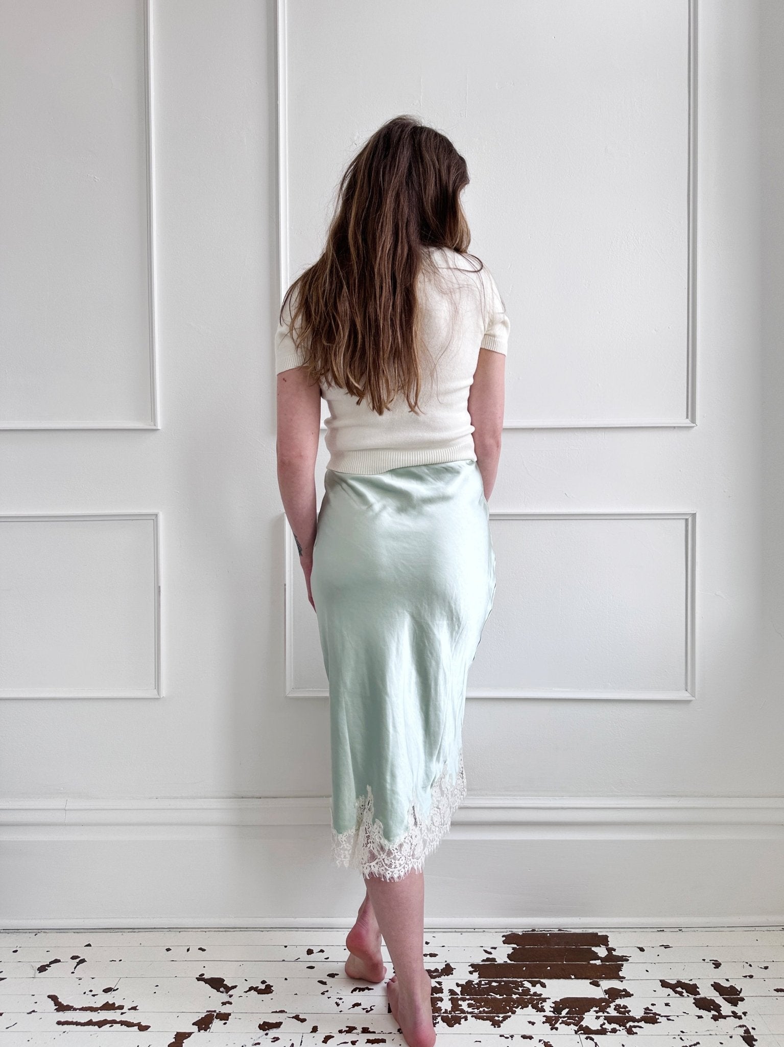 Lace Hem Satin Midi Skirt